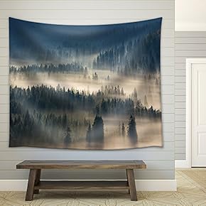 fir Trees on a Meadow Down The Will to coniferous Forest in Foggy Mountains - Fabric Wall Tapestry Home Decor - 51x60 inches