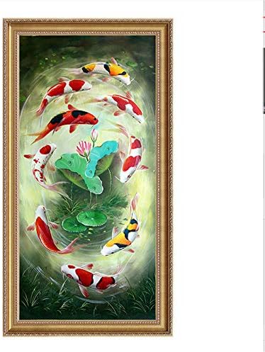 QWKZH DIY Oil Painting Meifang pure hand-painted oil painting porch decorative painting lotus nine fish figure Chinese style living room corridor Feng Shui painting koi map,40 * 50CM