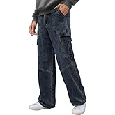 WICUSION Mens Baggy Cargo Jeans Wide Leg Elastic Waist Jean Loose Fit Casual Denim Utility Pants Streetwear