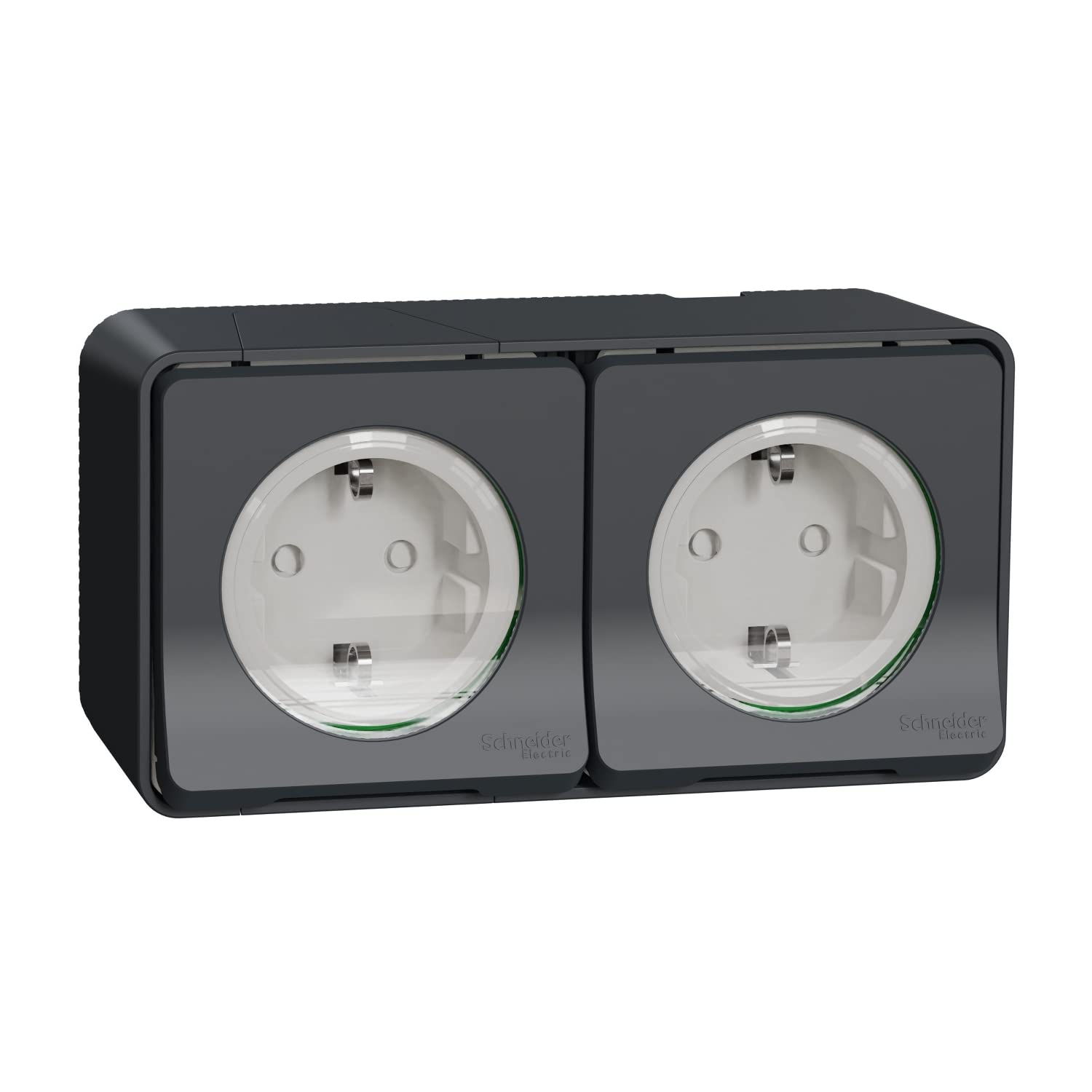 Schneider Electric MUR36029 Mureva Styl - Double PC 2P+T Schuko Pre-wired Horiz - Surface-Mounted - IP55 IK08 - Grey DBLE PC 2P+T ALL GREY S.