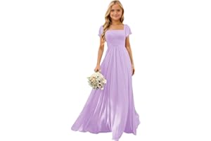 Cilontug Flutter Sleeves Chiffon Junior Bridesmaid Dresses Square Neck Flower Girl Dress Ruffles Wedding Formal Gown