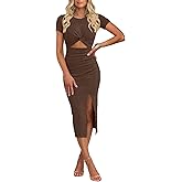 oten Women's Summer Short Sleeve Cutout Twist Front Side Slit Ribbed Knit Party Club Bodycon Midi Dresses