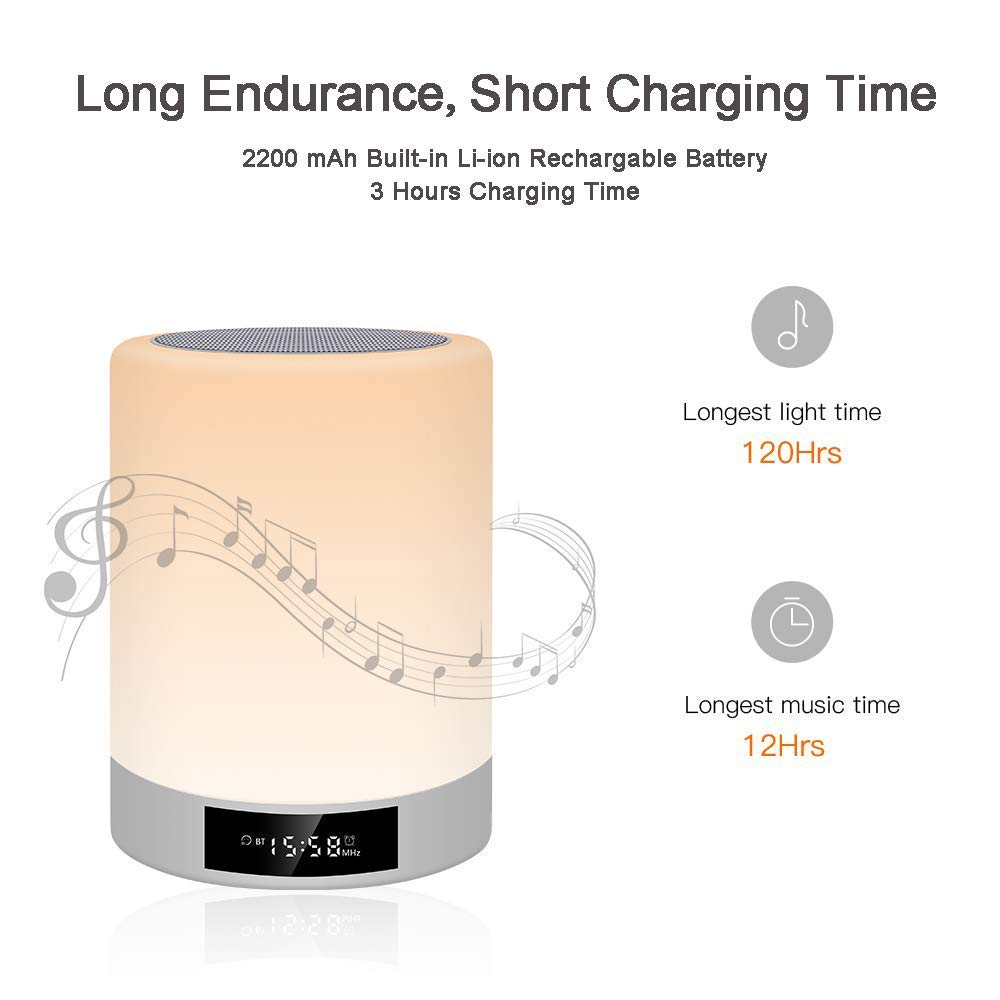 Luci notturne Altoparlante Bluetooth, Ranipobo Touch Sensor Lampada da comodino con sveglia, lettore musicale MP3, radio FM, Touch Control Lampada LED dimmerabile luci calde e 7 colori