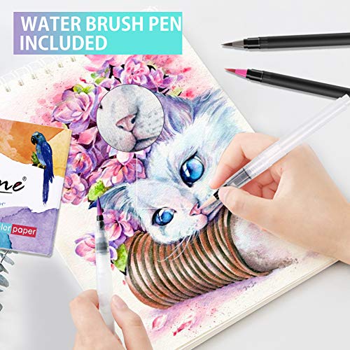 RATEL Rotuladores Acuarelables incluye 24 plumas de pincel de acuarela con punta de pincel de nylon flexible, 1 pluma de pincel de agua, 1 almohadilla de acuarela para libros