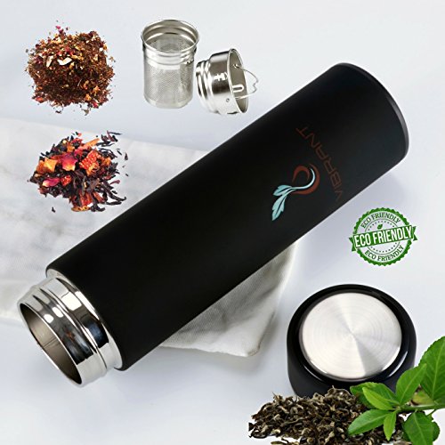 VIBRANT ALL IN ONE Travel Mug - TEA INFUSER Bottle - Insulated HOT COFFEE THERMOS - Cold FRUIT INFUSED Water Flask - Food grade LEAK PROOF Tumbler Double wall Stainless Steel 16.9 oz Sports & Outdoors, Sports & Fitness, Accessories, Sports Water Bottles
