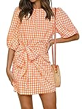 ZOWODO Womens Casual Summer Plaid Crewneck Lantern