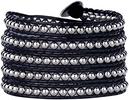 Babao Jewelry Silvertone 4mm Beads Black Leather 5 Wrap Bracelet