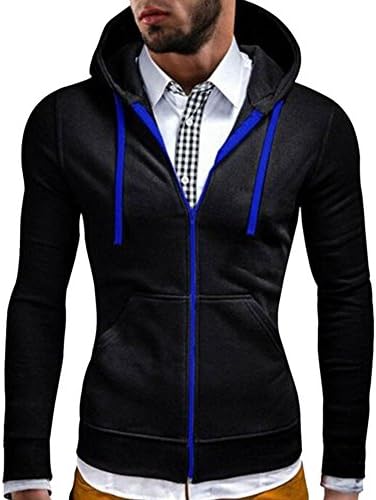 OUCHI Men's Full Zip Hooded Sportwear Contrast Color with Pocket Slim Hoodie Black