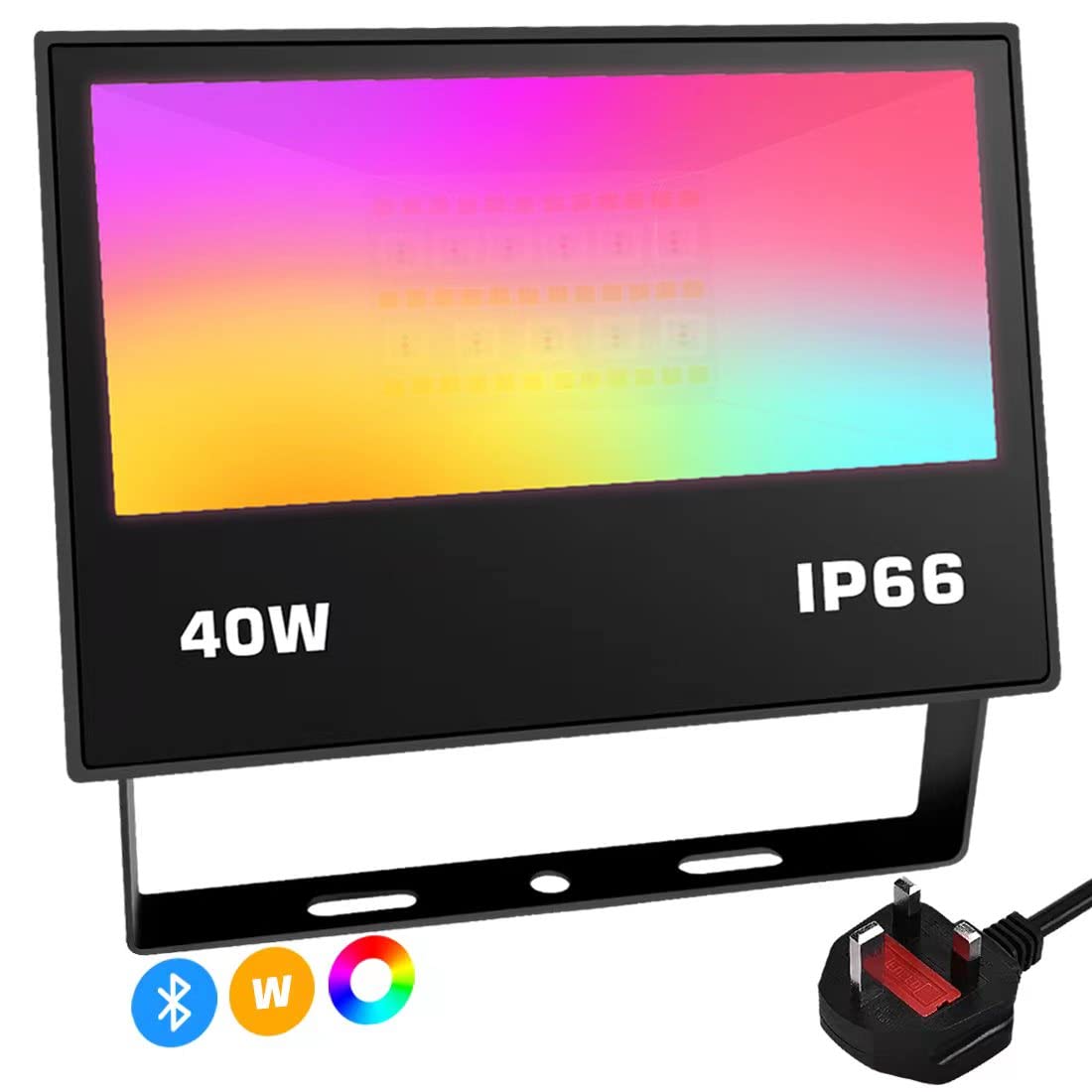 Mobri LED Floodlight Outdoor 40W 4000LM, Bluetooth Flood Lights with APP Control, RGB Colour Changing - Warm White -Timing - Scene, IP66 Waterproof, UK 3-Plug, 1 Pack