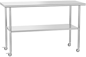 HOCCOT Stainless Steel Prep & Work Table with Adjustable Shelf, with Wheels, Kitchen Island, Commercial Workstations, Utility Table in Kitchen Garage Laundry Room Outdoor BBQ, 24" X 60"