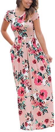 Ygosoon Women Print Short Sleeve Dresses Femme Ladies Evening Party Long Beach Maxi Dress Plus Size Pink XXXL