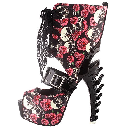 SHOW-STORY-Punk-Skull-Rose-Print-Stud-Buckle-Lace-UpPlatform-Bone-Heel-Club-Ankle-Bootie-SandalsLF80663