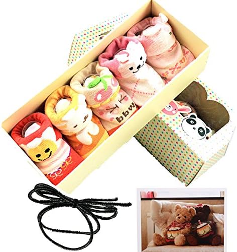 Yaobaby 5pairs Animal Non-Skid Slip Toddler Socks Cotton Unisex Baby Crew Sock 3-18 months With Box + Gift Card + Hair rope (baby gril)