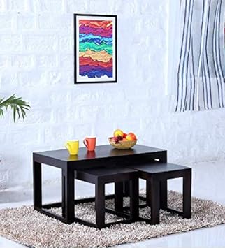 Mahima Handicarft Sheesham Wood Centre Table/Sofa Table/Coffee Table for Living Room with 2 Stools |Warm Chestnut Finish