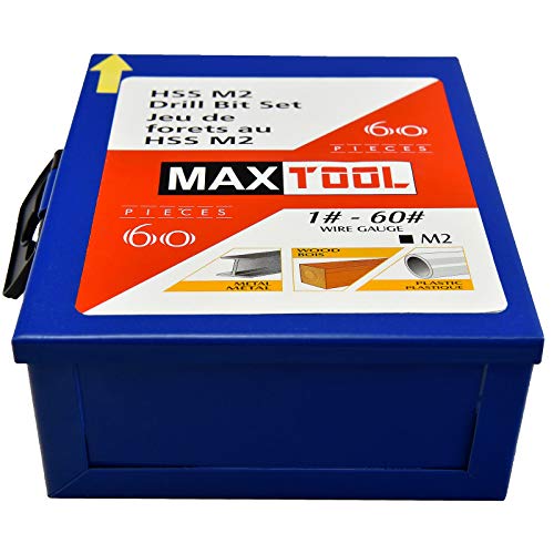 MaxTool 60 Piece Jobber Length Drill Bit Set; High Speed Steel HSS M2; Number Wire Gauge 1 to 60; Golden Surface; Fully Ground; JBS02G10R60