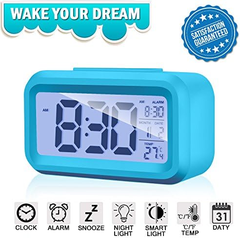 Alarm Clock Digital Large LCD Display Battery Operated Modern Portable Morning Sensor Smart Snooze Back-Light Multi-Function Clock Time Date Month Temperature Fits for Office Bedroom Dormitory Travel