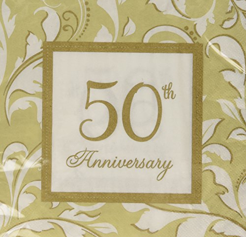 Amscan 5138511 50th Anniversary Lunch Napkins 16 Ct, 6.5", Gold