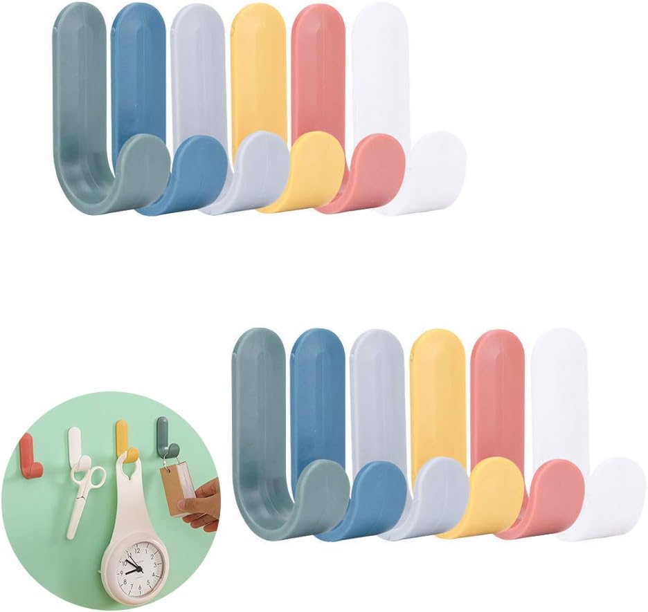 LWZko 12 Pieces Self Adhesive Hooks Wall Hanging, Wall Hanging Strong Sticky Hook, Wall Key Plastic Hooks, ABS Plastic Creative Cute J-Shaped Hooks for Towel, Keys, Coat, Bags, Hats, Robe (6 Colors)