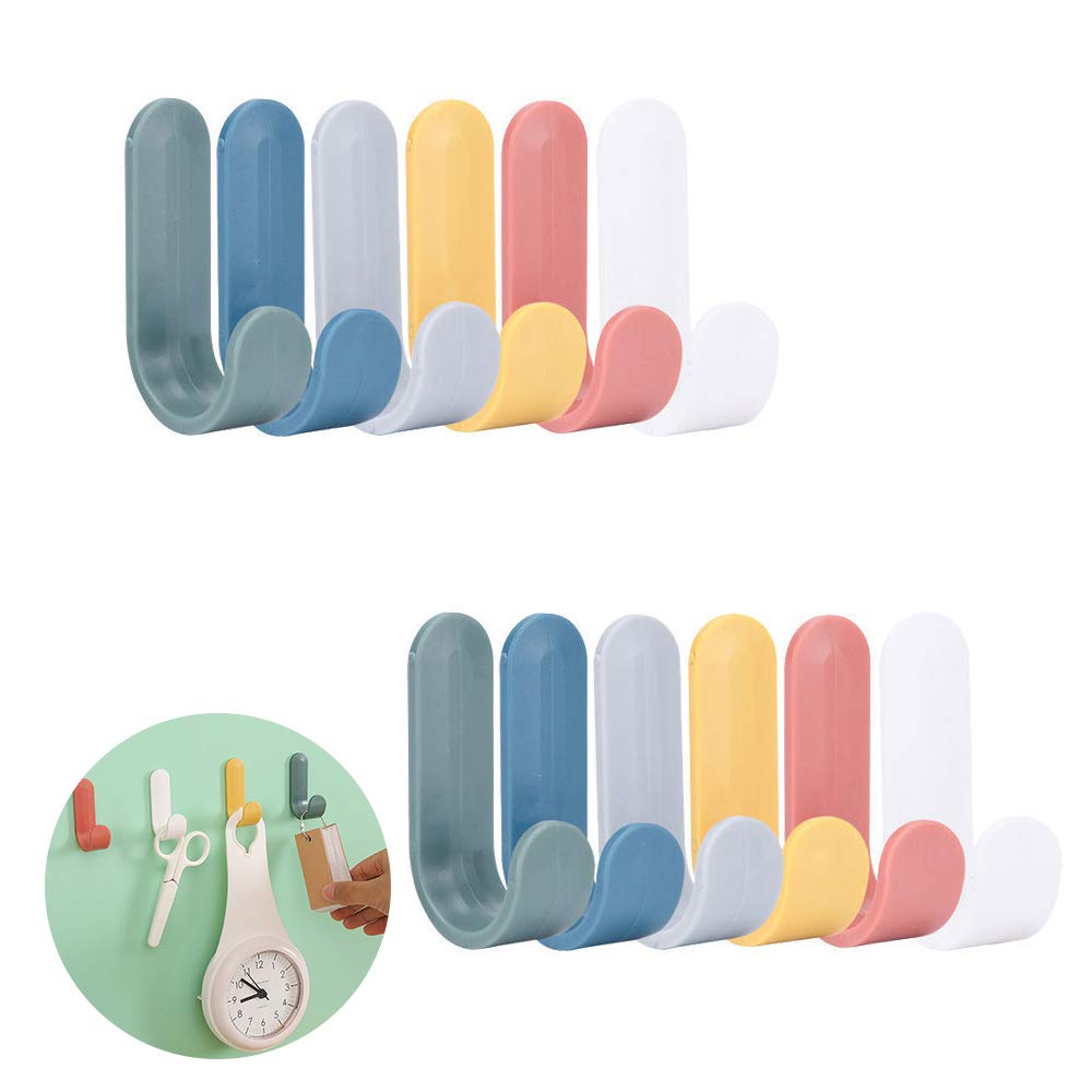 LWZko 12 Pieces Self Adhesive Hooks Wall Hanging, Wall Hanging Strong Sticky Hook, Wall Key Plastic Hooks, ABS Plastic Creative Cute J-Shaped Hooks for Towel, Keys, Coat, Bags, Hats, Robe (6 Colors)