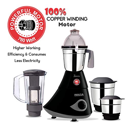 Inalsa Inara Mixer Grinder780W With 4 Jars, (3 Stainless Steel Jars