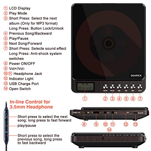 Portable CD Player, Searick 1000mAh Compact Personal Rechargeable CD Player with Double 3.5mm