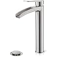 Phiestina Brushed Nickel Tall Bathroom Vessel Sink Faucet, Single Hole Single Handle Waterfall Modern Bathroom Faucet, with Pop Up Drain and Water Supply Line, NS-SF01-BN-V