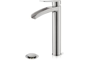 Phiestina Brushed Nickel Tall Bathroom Vessel Sink Faucet, Single Hole Single Handle Waterfall Modern Above Countertop Sink Bathroom Faucet, with Pop Up Drain and Water Supply Line, NS-SF01-BN-V