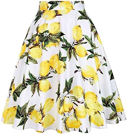 2017 New Fashion Black Skirt Women High Waist Plus Size Floral Print Polka Dot Ladies Summer Skirts 50s Vintage Midi Skirt VD0020 (S, Yellow)