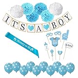 Baby Shower Party Decorations Set for Boy - Perfect All in One Supplies Bundle, It's A BOY Banner, Mommy to Be Sash, Cute Photo Booth Props, 6/6'' Pom Poms [Blue, Light Blue, White], 10 Balloons