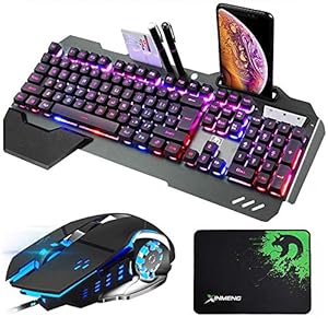 Gaming-Keyboard-and-Mouse-Combo-Gray-Alloy-Panel-Mechanical-feel-Wired-16-LED-RGB-Backlit-USB-Keyboard-with-Wrist-Rest-Phone-Holder-for-PC-Gamers-Xbox-PS4-3200DPI-LED-Breathing-Backlit-Mouse Wired Gaming Keyboard and Mouse Combo Set, Gray Alloy Panel, 16 LED RGB Backlit with Removable Wrist Rest, 26 Keys Anti…