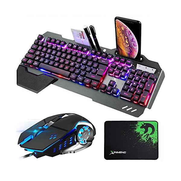 Gaming-Keyboard-and-Mouse-Combo-Gray-Alloy-Panel-Mechanical-feel-Wired-16-LED-RGB-Backlit-USB-Keyboard-with-Wrist-Rest-Phone-Holder-for-PC-Gamers-Xbox-PS4-3200DPI-LED-Breathing-Backlit-Mouse Wired Gaming Keyboard and Mouse Combo Set, Gray Alloy Panel, 16 LED RGB Backlit with Removable Wrist Rest, 26 Keys Anti…