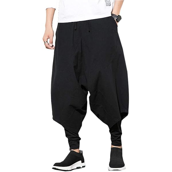PRIJOUHE Men's Harem Pants, Baggy Wide Leg Hip Hop Pants, Cotton A