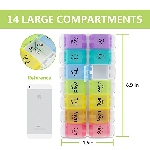Itari Pill Organizer, Fit & Healthy 7 Day AM/PM Vitamin Pillbox, Push Button Design, Large Compartments Pill Organizer Tray,Rainbow Color - Thumbnail 2