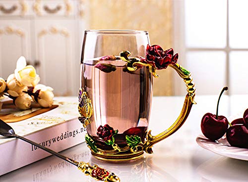 Tea Cup Coffee Mug Cups, Clear Glass Coffee Cups Tea Mugs with Spoon Set Handmade Enamel Butterfly Rose Flower,13 oz (Red Rose) Ideal for Friend Wedding Anniversary Birthday Presents - Thumbnail 3