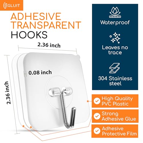 GLUIT Adhesive Wall Hooks for Hanging Heavy Duty 22 lbs Hooks for Walls No Drill, Towel Sticky Clear Hook, Waterproof, Home, Bathroom, Kitchen, Office, and Outdoor 12 Pack
