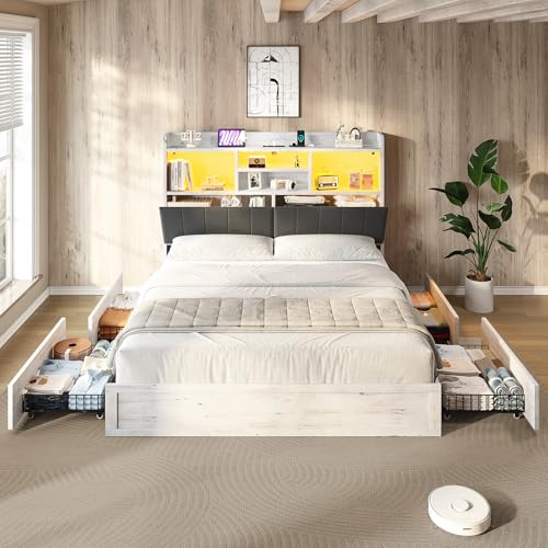Jocisland Queen Farmhouse Bed Frame with Bookcase Headboard and 4 Drawers, LED Storage Bed with Charging Station & Linen Upholstered, No Box Spring Needed, Distressed White