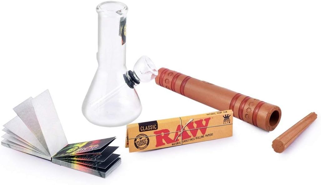 STONERS TOY Glass Bong, Clay Chillum, Raw Rolling Sheet and Roach Book (Brown)