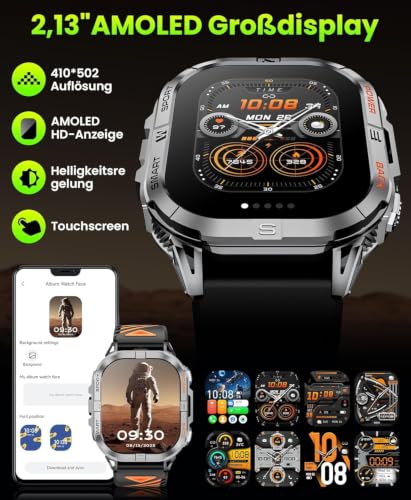 Joautrial Men's GPS Smart Watch, 2.13 Inch AMOLED Military Smartwatch with LED Flashlight, Barometer, Compass, 100+ Sports Modes, Bluetooth Calls, 3ATM Waterproof for Android iOS (Black)
