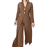 CHICME Womens Faux Two Piece Jumpsuits Casual Dressy Long Sleeve V Neck Wide Leg One Piece Outfits
