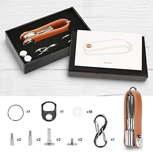 Compact Key Holder Leather Keychain, Bosiwee Smart Key Organizer, Folding Pocket Key Holder Chain2.0 (up to 16 keys)