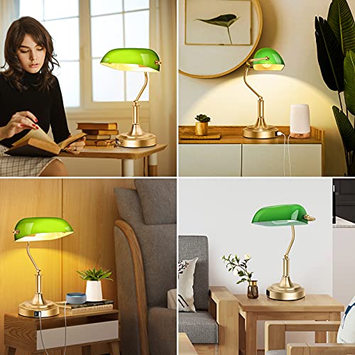 Bankers Lamp with 2 USB Ports, Touch Control Green Glass Desk Lamp with