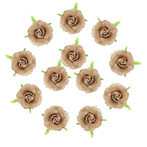 DECORA 12 Pieces Handmade Hessian Burlap Solid Flowers with Plastic Leaf for Wedding Decoration Craft Making and DIY Stuff Making