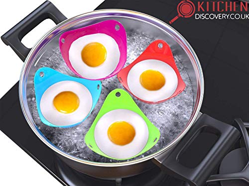 Egg Poacher Cups For Cooking Perfect Poached Eggs (4 Pack) By KITCHEN DISCOVERY - PREMIUM Grade LFGB Silicone Egg Poacher, BPA-Free 4 Multi Coloured Poached Egg Pods, Egg Poacher Pan, Egg Cooker, Poached Egg Maker Set, Microwave Egg Poacher