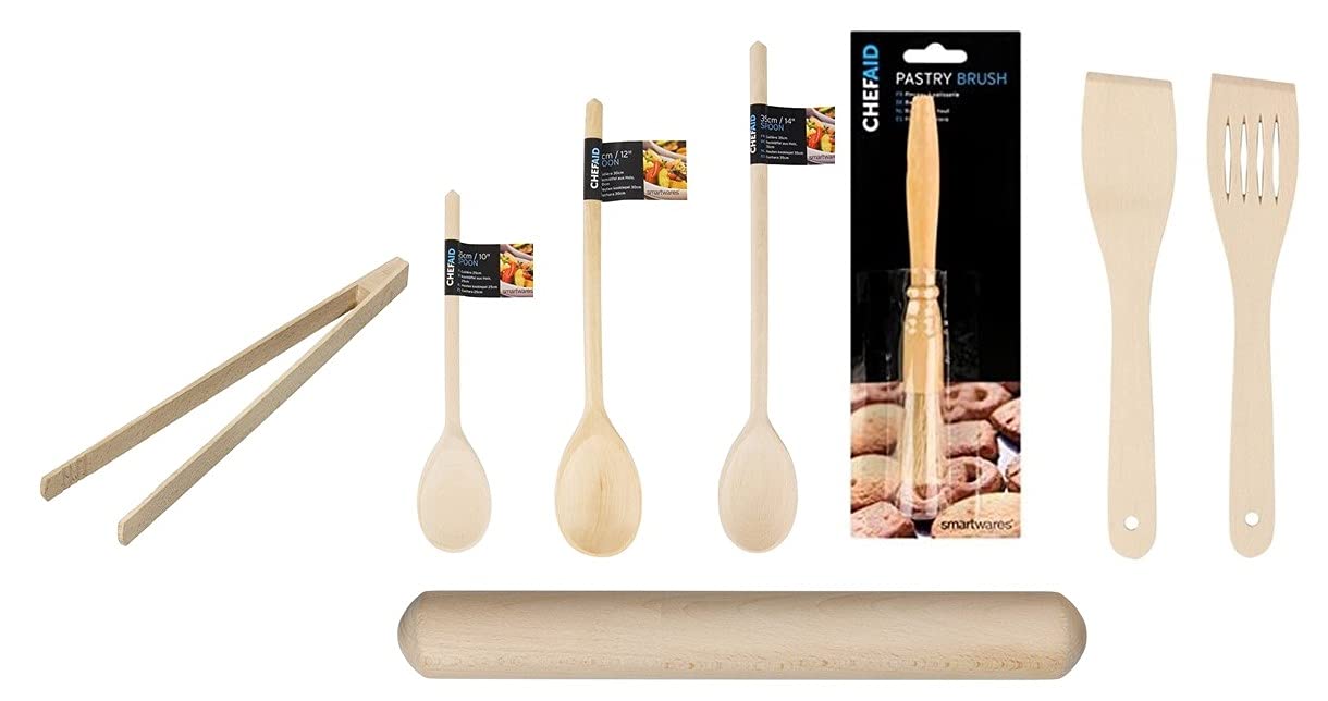 Chef Aid 8 Piece Everyday Wooden Utensil Pack with Spoons, Rolling Pin, Spatula, Pastry Brush and Toast Tongs