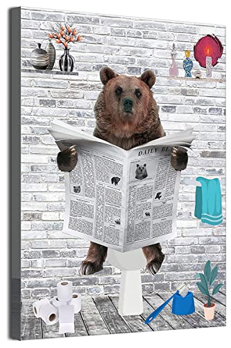 MKHFUW Lustige Badezimmer Wandkunst, Lustige Tiere Lesen Zeitungen in der Toilette Leinwand Poster für Toilette Badezimmer Tiere Kunstwerk, Rahmenlos (Bär,60 x 80 cm)