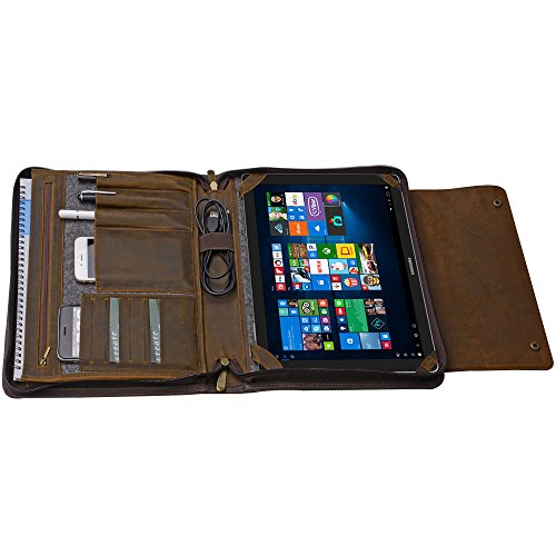 Wool Felt Crazy Horse Leather Organizer Portfolio for A4 Notepad and Samsung Galaxy TabPro S 12,Dark Brown - Thumbnail 5