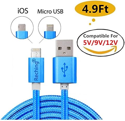 RECHING 2 in 1 Lightning Cable 8Pin+Micro USB Charger Sync For iPhone Samsung Charger With 4.9Feet(1.5Meters) Nylon Braided Compatible For 5V/9V/12V Charger (Blue)