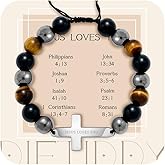 DIFTIDDY Tiger Eye Cross Bracelet for Men, Handmade Adjustable Christian Bracelet, Natural Stone Religious Faith Jewelry Gifts (Black, JESUS LOVES YOU)