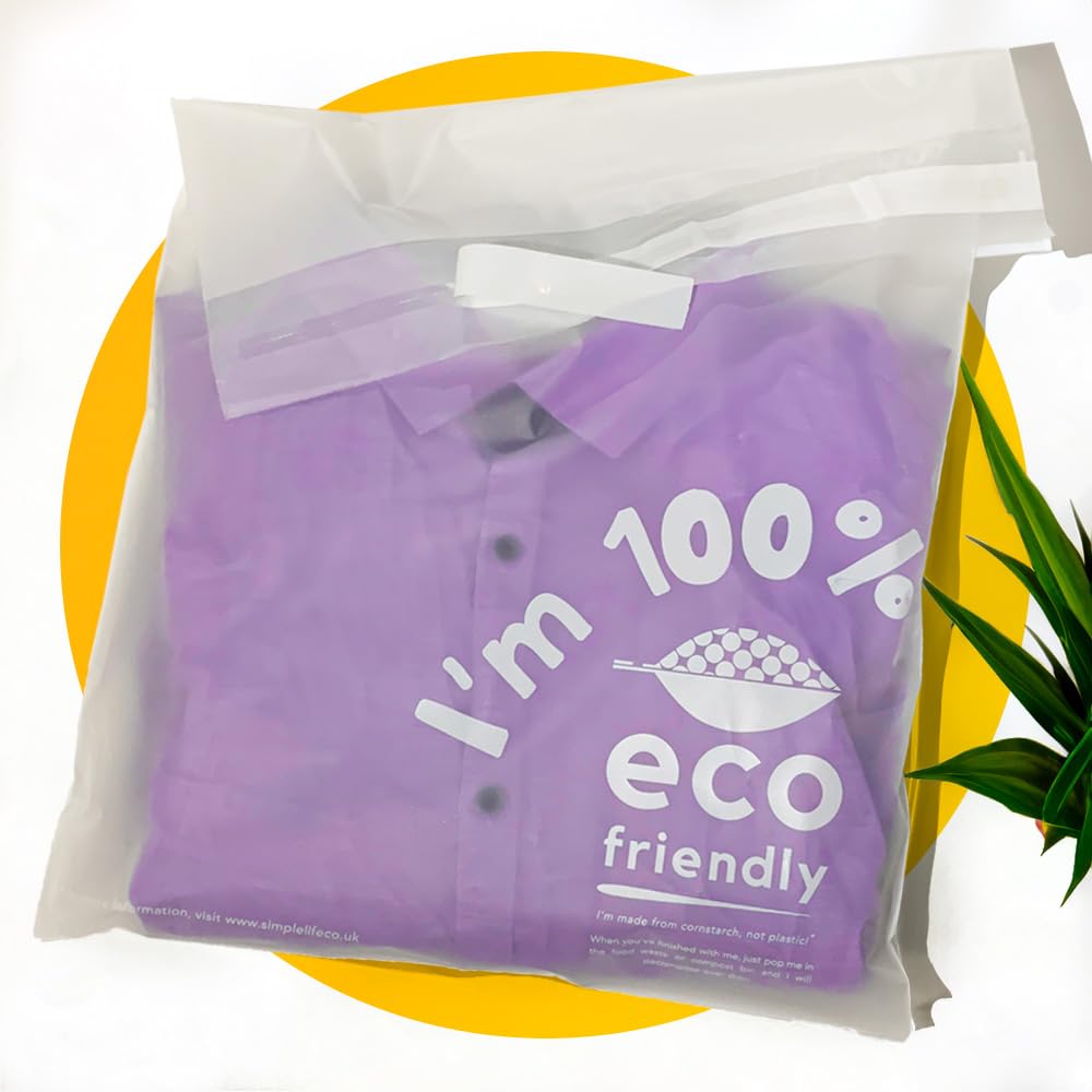 Simplelifeco UK 14 x 18” Compostable Poly Bags for Clothes | Eco Friendly Translucent Packaging Bags with Peel & Seal Lip | B Corp (Pack of 50)
