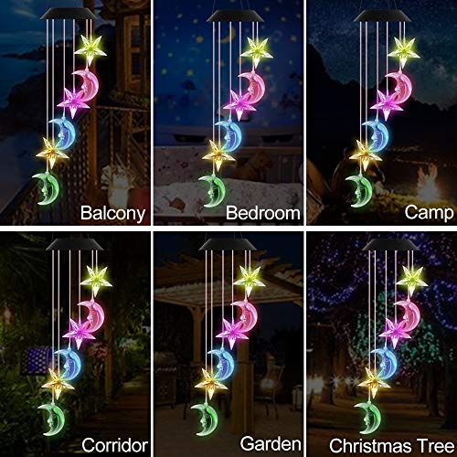 VICOODA Wind Chimes Outdoor, Solar Wind Chimes Color-Changing Moon Star Waterproof Unique Decoration Chimes Mobile Solar Light Mom Birthday Gift for Home Balcony Festival Garden Yard(Moon & Stars)